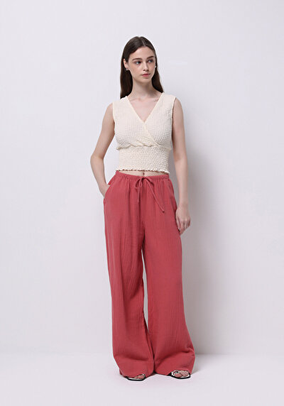 صورة من   ارتفاع الخصر ساق واسعة نسائي السراويل الوردي