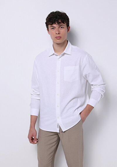 صورة من قميص مريح  رقبة مستقيم رجالي كتان ممزوج أبيض كم طويل قميص