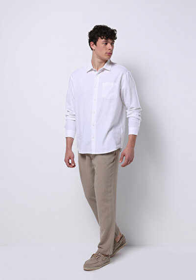 صورة من قميص مريح رقبة مستقيم رجالي كتان ممزوج أبيض كم طويل قميص