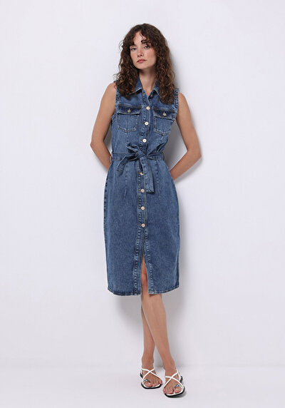 صورة من نحيف  مستقيم نسائي أزرق بدون أكمام فستان