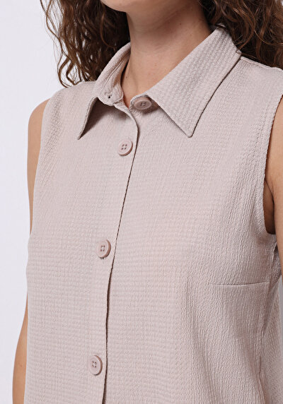 اعرض التفاصيل لـ ضيق قصة قميص رقبة مستقيم نسائي بيج بلا أكمام تي شيرت