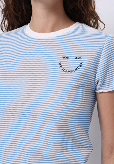 صورة من تي شيرت نسيم بياقة مستديرة مخطط نسائي أزرق بأكمام قصيرة