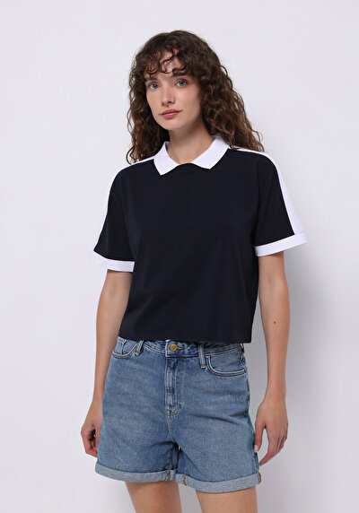 صورة من عادي قصة بولو رقبة مستقيمة نسائي أزرق كحلي كم قصير تي شيرت