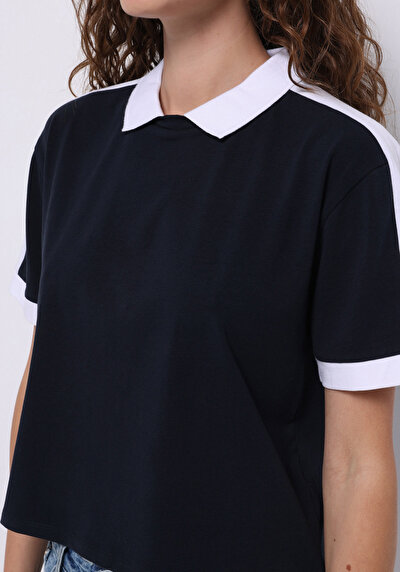 صورة من عادي قصة بولو رقبة مستقيمة نسائي أزرق كحلي كم قصير تي شيرت