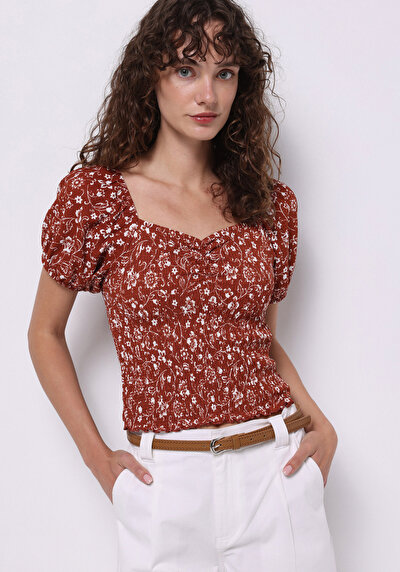 صورة من ضيق قصة على شكل V رقبة مطبوعة نسائي بني بطيخ تي شيرت