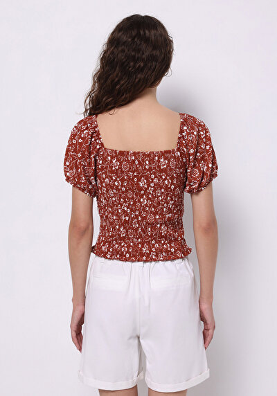 صورة من ضيق قصة على شكل V رقبة مطبوعة نسائي بني بطيخ تي شيرت