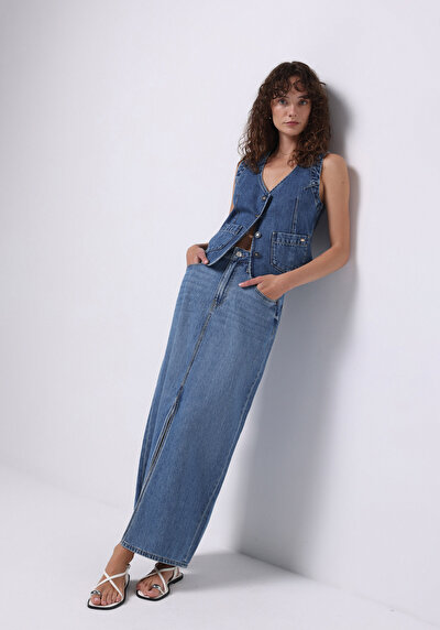 صورة من ضيق  زر مسطح تنورة نسائية زرقاء