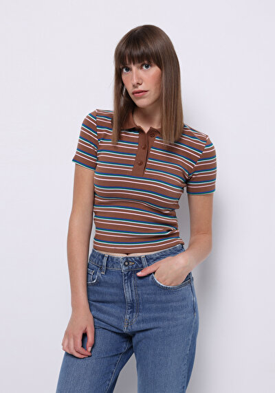 صورة من بني للنساء قميص بولو  كم قصير