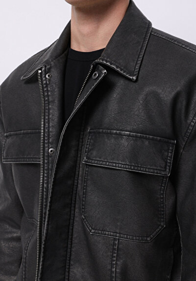 اعرض التفاصيل لـ أسود للرجال جاكيت جلد