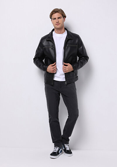 اعرض التفاصيل لـ أسود للرجال جاكيت جلد