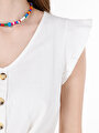 thumb-اعرض التفاصيل لـ قطع عادية الخامس الرقبة زرر الأبيض نسائي قصيرة الأكمام تي شيرت Cl1069154  