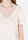 thumb-اعرض التفاصيل لـ   على شكل V رقبة مستقيم نسائي Ecru كم قصير تي شيرت