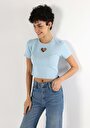 thumb-اعرض التفاصيل لـ ضيق  رقبة مستديرة مطرز نسائي أزرق كم قصير تي شيرت