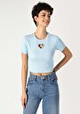 thumb-اعرض التفاصيل لـ ضيق  رقبة مستديرة مطرز نسائي أزرق كم قصير تي شيرت