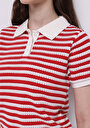 thumb-اعرض التفاصيل لـ نحيف  ياقة بولو مخطط نسائي أحمر كم قصير تي شيرت